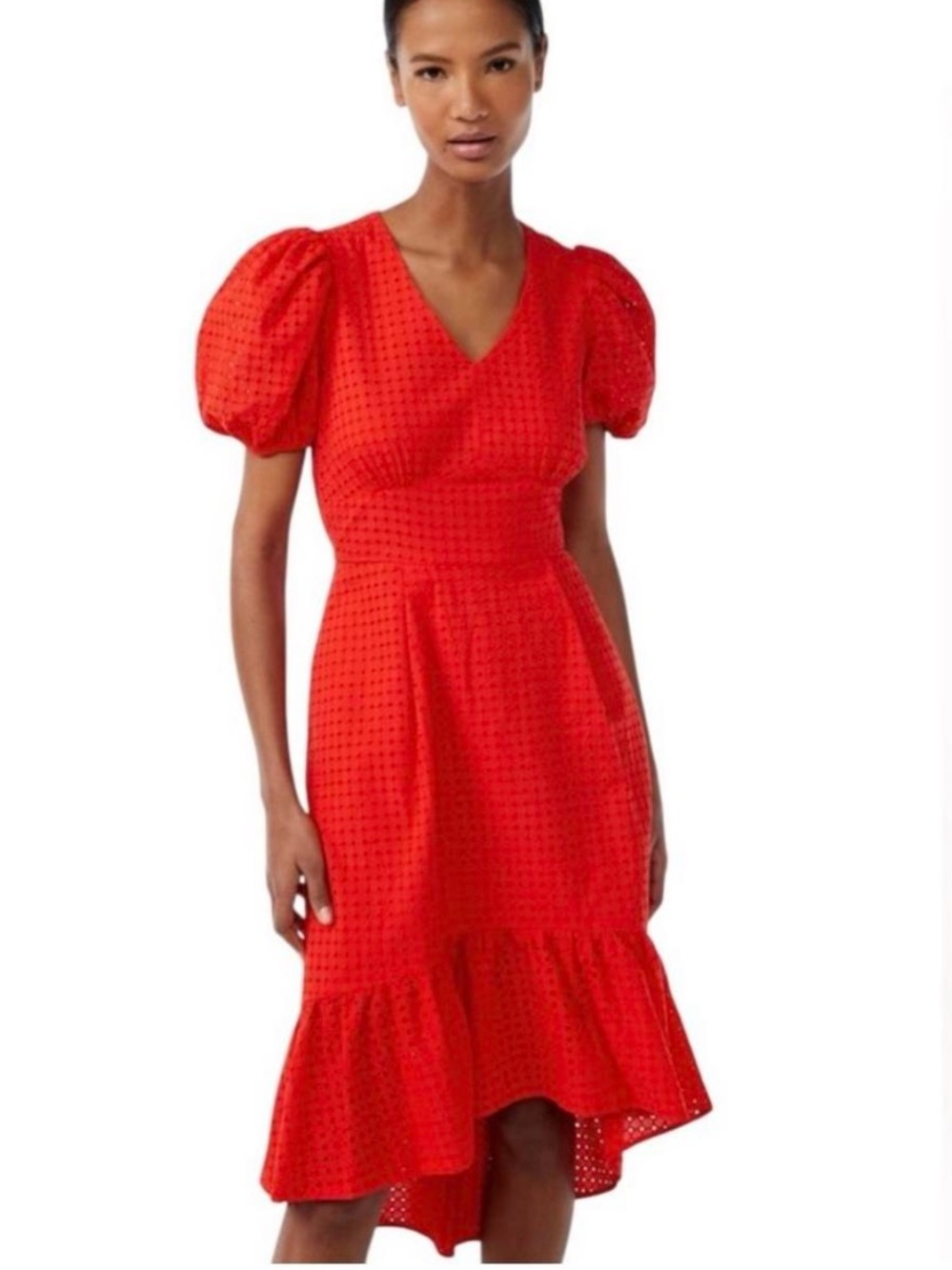 Red Puff-Sleeve High-Low Midi Dress